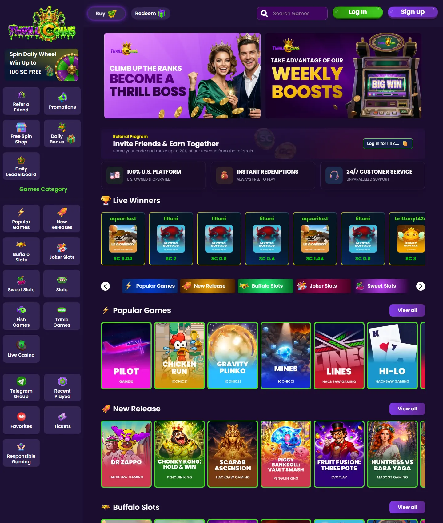Screenshot of the ThrillCoins website